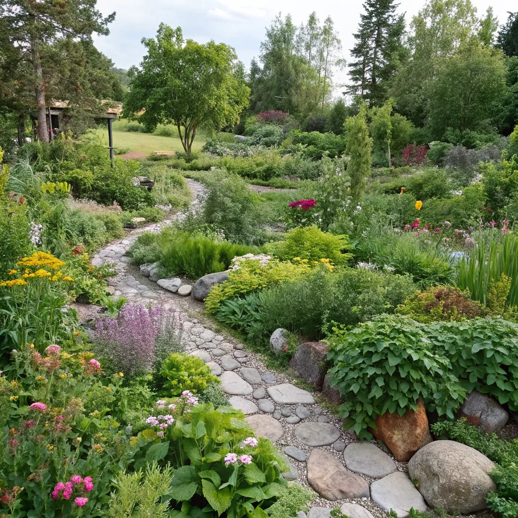 A flourishing eco-garden with diverse plants